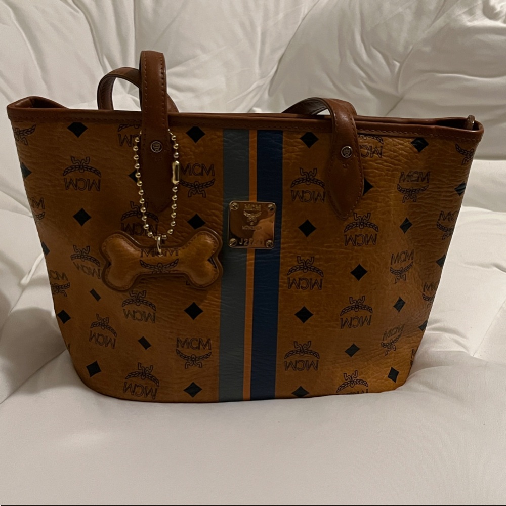 MCM Cognac Brown Visetos Small Tote with Navy and Orange Stripes